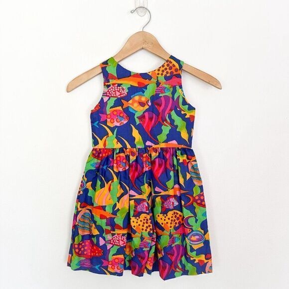 Kids SEE MEASUREMENTS Smocked Art to Wear Abstract Tropical Fish Ecosystem Wide - Picture 2 of 8